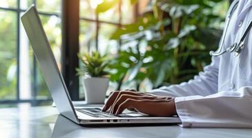 AI generated Doctor Typing on Laptop Computer photo