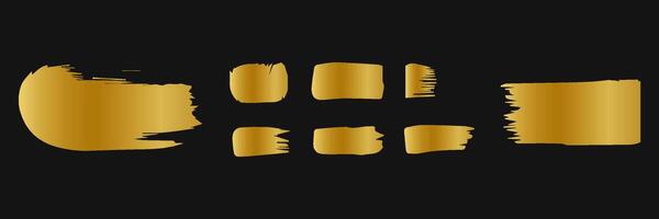 Golden paint brush stroke. Set of gold paint smear with glittering texture. Realistic gold brush stroke with metallic effect. Vector