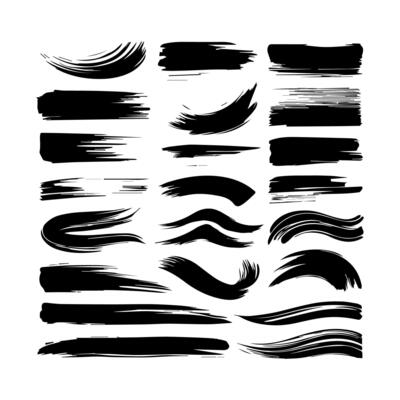 Set of black paint, ink brush strokes, brushes, lines, grungy. Dirty artistic design elements, boxes, frames. Vector illustration. Isolated on white background. Freehand drawing.