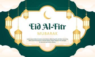 Eid Mubarak Islamic greeting banner template design with gold frame, and lantern illustration. Eid green background. Card vector