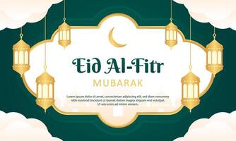 Eid Mubarak Islamic greeting banner template design with gold frame, and lantern illustration. Eid green background. Card vector