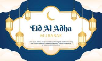 Eid Al Adha Mubarak Islamic greeting banner template design with gold frame, and lantern illustration. Eid background. Card vector