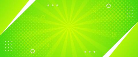 Bright green-yellow abstract geometric banner background. Comic sunburst effect background with halftone. Suitable for templates, sales banners, events, ads, web, and headers vector