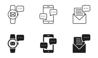 Message Notification Line and Silhouette Icon Set. Online Communication Symbol Collection. Text Chat, Discussion Sign. Email In Smartwatch, Smartphone. Editable Stroke. Isolated Vector Illustration