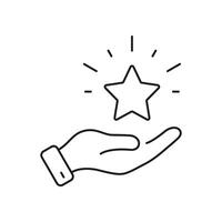 Customer Satisfaction Line Icon. Hand With Star, Good Feedback Linear Pictogram. Best Quality Service Outline Symbol. Positive Review Sign. Editable Stroke. Isolated Vector Illustration