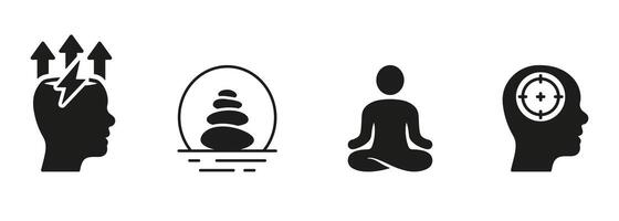 Meditate For Mental Health Silhouette Icon Set. Calm, Relax, Positive Energy Symbol Collection. Stone Balance Glyph Pictogram. Wellness Sign. Isolated Vector Illustration