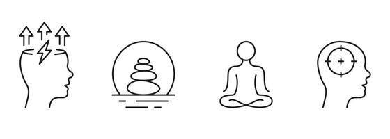 calma y relajarse línea icono colocar. meditar para mental salud lineal pictograma. Roca equilibrar contorno signo. positivo energía, bienestar símbolo recopilación. editable ataque. aislado vector ilustración