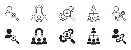 Employment Line and Silhouette Icon Set. Human Resource Black Pictogram. Hiring Talent Employee Symbol Collection. Recruitment Agency, Find People Sign. Isolated Vector Illustration