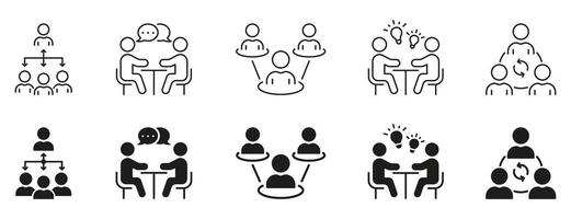 Teamwork And Partnership Line and Silhouette Icon Set. Job Conference Black Pictogram. Business Strategy Symbol Collection. People Meeting At Work Sign. Isolated Vector Illustration