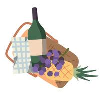 open picnic basket top view with food, wine and fruits. vector