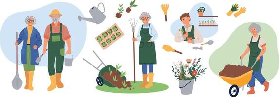 Organic gardening. People of different ages work in the garden, plant and water the plants. Eco concept. Vector illustration.