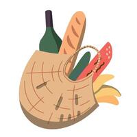 WIcker picnic basket vector illustration. Opened food hamper bag vector illustration.