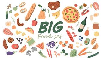 Big set icons food, flat style. Fruits, vegetables, meat, fish, bread, milk, sweets. Meal icon isolated on white background. Ingredients collection. Vector illustration