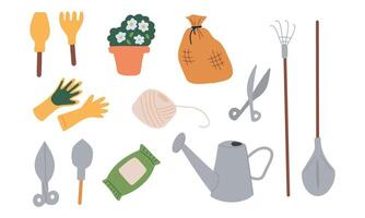 Vector set of garden items in hand drawn style isolated on white background. Agricultural and gardening tools for spring work.