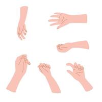 Hand gestures in different positions. Vector hands showing and pointing, holding and representing