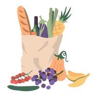 Grocery in a paper bag and vegetables and fruits in paper bag. Vector illustration. Flat design.