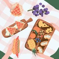 Cool graphic vector picnic concept for summer holidays with pies, hot dogs, wine, fresh bread, vegetables and fruits laid out on checkered fabric