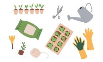 Vector set of garden items in hand drawn style isolated on white background. Agricultural and gardening tools for spring work.