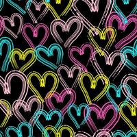 Bright hearts seamless pattern with brush texture. Hand drawn neon heart background. Simple shapes for wrapping paper, wallpaper, fabric, textile. vector