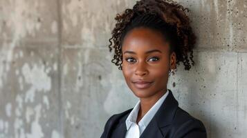 AI generated Professional Woman in Business Suit Leaning Against Wall photo