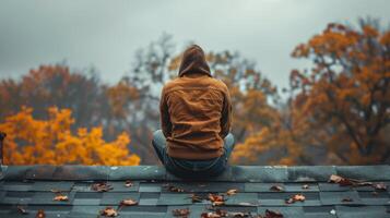 AI generated Man Standing on Roof in Rain photo