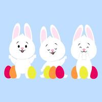 conjunto de Tres linda dibujos animados conejitos con Pascua de Resurrección huevos vector