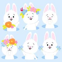 Set of cute Easter white bunnies peeking out of a mink decorated with compositions with flowers vector