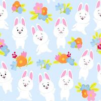 Seamless pattern of cute white Easter bunnies and simple flowers vector