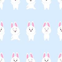 Seamless blue pattern of cute white rabbits vector