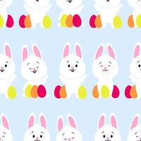 Seamless pattern of cute Easter white bunnies with colorful eggs vector