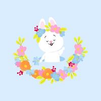 Cute white Easter bunny with a wreath of spring flowers vector