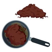 Fried brown minced meat in a pile and separately in a frying pan vector