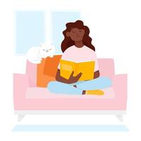 Dark-skinned young woman sitting on the sofa and reading a book vector