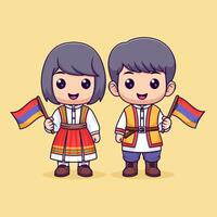 Cute boy and girl in traditional armenian clothes and holding armenian flag vector icon illustration