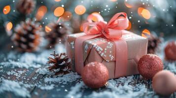 AI generated Pink Ribbon-Wrapped Present in Snow photo