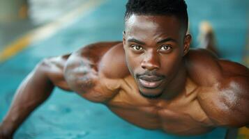 ai generado hombre posando en nadando piscina foto