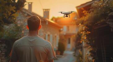 ai generado hombre participación remoto controlar en frente de casa foto