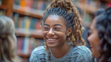 ai generado niña sonriente y participación libro foto