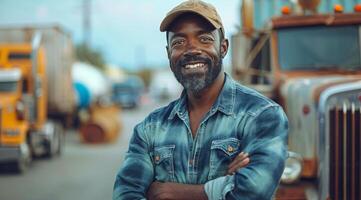 ai generado hombre en pie en frente de semi camión foto