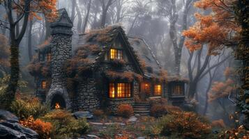 AI generated Log Cabin in Woods With Smoke Rising photo