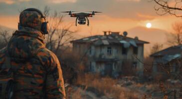 AI generated Man in Yellow Jacket Observes Small Plane Passing Overhead photo