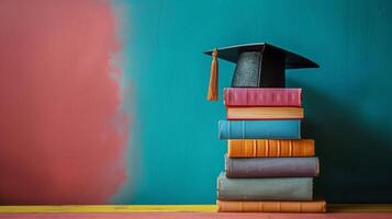 ai generado apilar de libros con graduación gorra foto