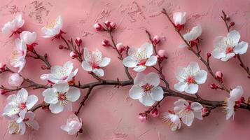 AI generated Branch With White Flowers on Pink Background photo
