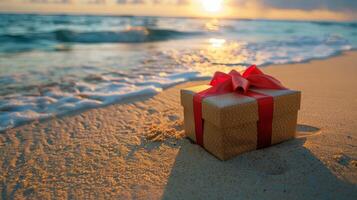 AI generated White Gift Box With Red Ribbon on Beach photo