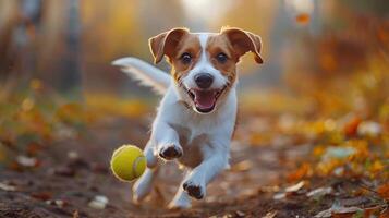 ai generado perro corriendo con tenis pelota foto