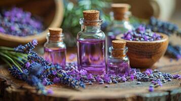 AI generated Lavender Flowers in Bottle on Wooden Table photo