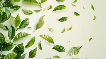 AI generated Group of Green Leaves Flying photo