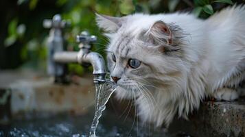 ai generado blanco gato Bebiendo agua desde grifo foto