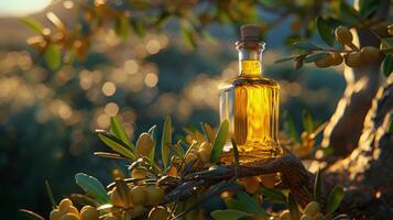 AI generated Olive Oil Bottle on Tree photo