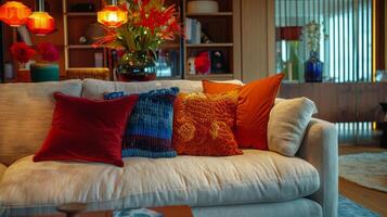ai generado blanco sofá con vistoso almohadas en vivo habitación foto